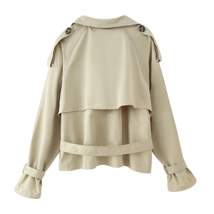 Detailed back view of khaki cropped trench coat with storm flap and belted waist