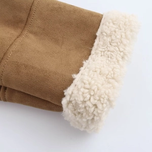 Women's faux suede shearling jacket in tan with plush cream fleece lining and zip detail