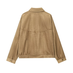 Classic camel faux suede jacket for women with back stitching and elastic hem detail