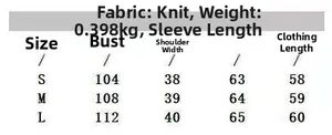 Detailed size guide for the off-shoulder knit sweater with fabric and weight details
