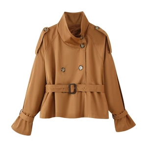 Short double-breasted twill trench coat with epaulettes and waist belt in tan brown