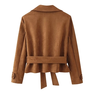 Women's brown faux suede jacket with lapels and belted waist, back view on white backdrop