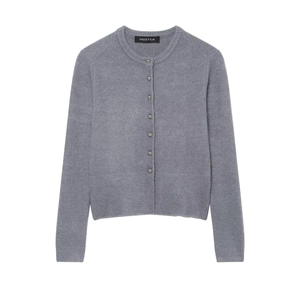Women Casual Round Neck Grey Knit Cardigan Long Sleeve Sweater With Silver Ball Buttons Ribbed Cuffs Solid Color Commuter Top