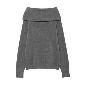 Detail of grey off-shoulder sweater showing ribbed knit texture and folded neckline
