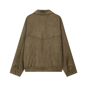 Rear view of brown suede jacket showing drop shoulder design and central seam detail