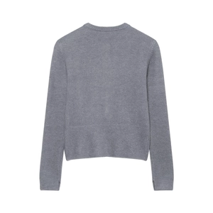 Back view of a classic grey long-sleeve knit sweater with ribbed cuffs and crew neck
