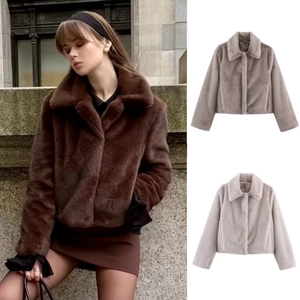 Women's faux fur coat with lapel collar in dark brown, coffee, and light purple options