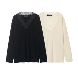 Pull en Maille à Col en V en Dentelle pour Femmes Manches Longues Basic Couleur Unie Cardigan Top avec Boutons Élégant