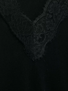 Detail of elegant V-neckline with delicate black floral eyelash lace on knit top