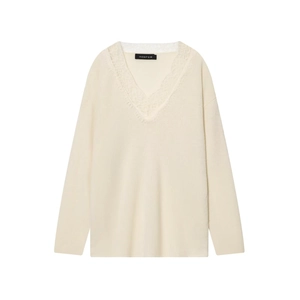 Pull chic en laine mélangée crème avec col en V en dentelle élégante et manches longues