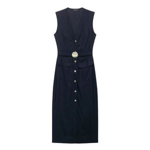 Women Elegant Sleeveless V-Neck Cotton Linen Midi Dress With Belt Gold Flower Button Navy Blue Solid Casual Summer Dress