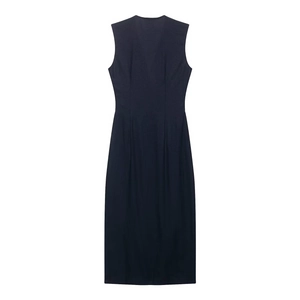 Sleeveless black midi linen dress with V-neck and belted waist on white background