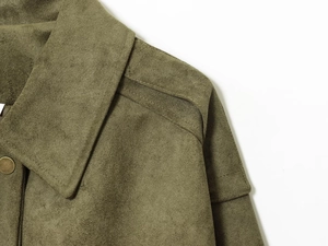 Detail of olive green faux suede jacket with metallic buttons and shoulder epaulettes