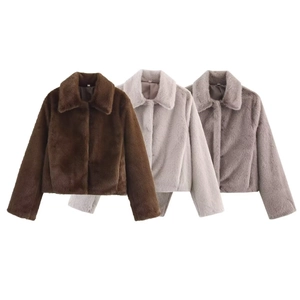 Women's faux fur short coat with lapel collar shown in brown, gray, and purple shades