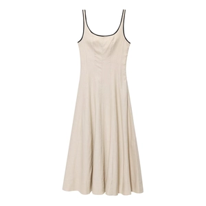 Robe midi en lin beige avec passepoil contrasté et silhouette trapèze minimaliste