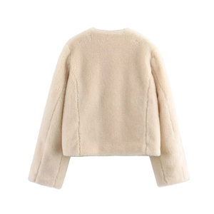 Rear view of cream faux fur fleece jacket with textured sherpa finish and cropped cut