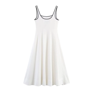 Detail view of contrast black trim on the white linen sleeveless midi dress neckline