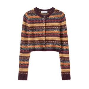Women Fair Isle Knit Cardigan Vintage Geometric Jacquard Round Neck Long Sleeve Single Breasted Short Knitwear Sweater
