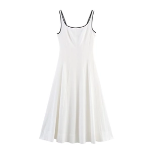 Elegant white A-line midi dress with black contrast trim and spaghetti straps