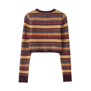 Vintage boho floral jacquard knit cardigan with colorful geometric stripes and crew neck