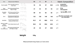 Detailed size chart for women leather jacket showing polyester material and measurements