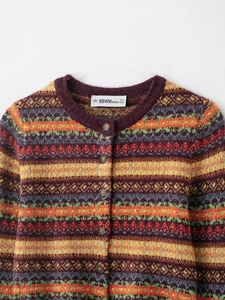 Detail of round neck jacquard knit cardigan with colorful geometric patterns and buttons