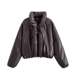 Women's Casual Imitation PU Leather Puffer Jacket Minimalist Solid Color Stand Collar Short Thick Warm Streetwear Outerwear