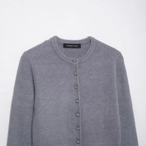 Grey crewneck knit cardigan with silver spherical buttons in a clean flat lay style