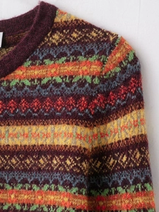 Detailed close-up of retro Fair Isle jacquard knit pattern on a wool blend cardigan