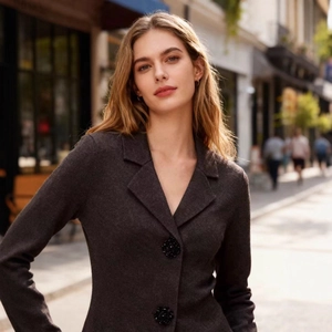 Women's dark brown knit blazer featuring elegant floral buttons and a classic lapel