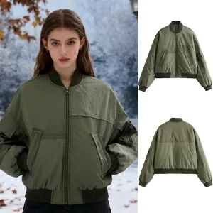 Veste Bomber Décontractée pour Femmes Vert Armée Patchwork Col Montant Fermeture Éclair Coupe-vent Manteau Matelassé en Coton