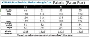 Detailed size chart for mid-length double-sided coat with measurements for XS to L