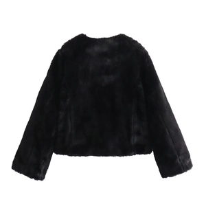 Detail of the soft faux fur texture and round neckline on this black winter jacket