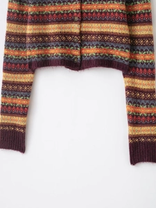 Detail of Fair Isle knit cardigan featuring colorful geometric patterns and ribbed cuffs