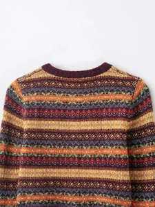 Detailed view of the Fair Isle geometric jacquard pattern on the knit cardigan sweater