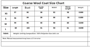 Detailed size chart for textured tweed long sleeve jacket including measurements in cm