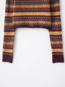 Detailed close-up of multicolor Fair Isle geometric pattern knit and woven texture