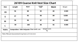 Size chart for textured vest 26109 with detailed length, bust, and waist measurements