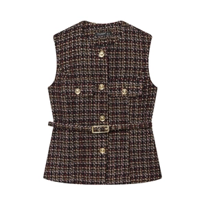 Women Elegant Polyester Plaid Tweed Vest Sleeveless Round Neck Waistcoat With Belt Gold Buttons Vintage Fashion Top