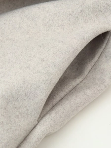 Detailed close-up showing the pocket stitching and wool texture of the grey wool coat