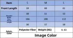 Size chart for long sleeve zipper sweater with length, chest and shoulder measurements