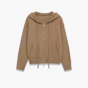 Women Casual Knitted Zip Up Hoodie Long Sleeve Solid Color Cardigan With Drawstring And Pockets Autumn Winter Outerwear