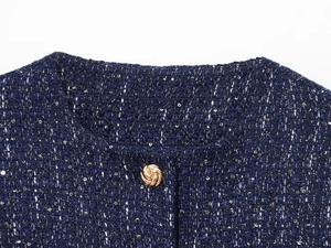 Detailed macro view of navy tweed fabric with gold sequins and textured metal button