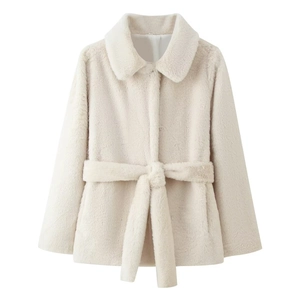 Women Faux Fur Jacket Elegant Lapel Plush Short Coat With Belt Warm Winter Outerwear Cream White