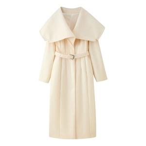Women Elegant Wide Lapel Long Woolen Coat With Belt Cream Milky White Minimalist Double Faced Woolen Jacket Outerwear