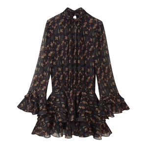 Floral puff sleeve mini dress with high neck and tiered ruffle hem in paisley print