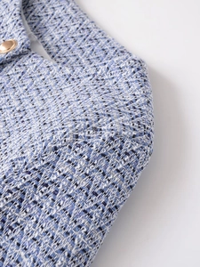 Detail of blue and white tweed fabric with a polished gold metallic button accent