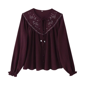 Vintage Women Beaded Embroidery Blouse Peter Pan Collar Bow Tie Long Sleeve Chiffon Shirt Elegant Wine Red Office Top