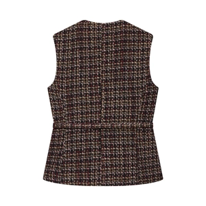 Back view of a textured multi-color tweed vest with a decorative waist belt detail