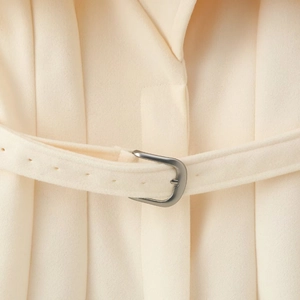 Beige wool coat with adjustable waist belt and silver metal buckle detailing